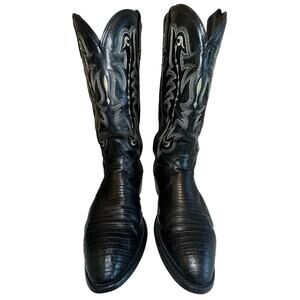 VTG Tony Lama Exotic Collection Western Boot Black Teju Lizard Leather Men SZ 9D